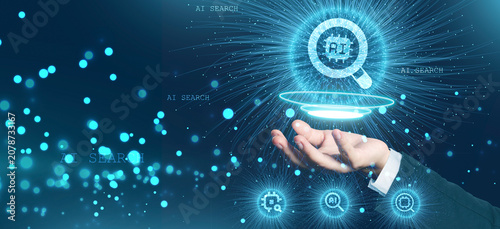 Futuristic AI search concept featuring holographic search interface, artificial intelligence, intelligent search technology, digital analytics and smart automation above a human hand.