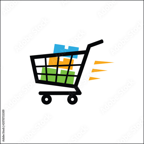 Fast delivery shopping cart vector icon, retail e-commerce trolley with colorful packages, express shipping and online store purchase concept