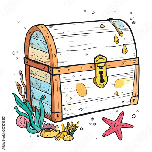 Illustration of a vintage wooden treasure chest underwater with starfish and seaweed.