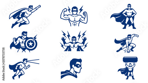 Foto Superhero Icons Set: Action Poses, Strength, Power, and Protection