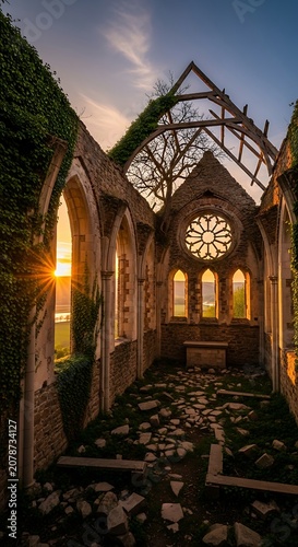 Sunset View Inside Gothic Church with Stained Glass Windows.