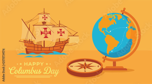 Happy Columbus Day greeting card vector, vintage sailing ship with cross symbols, world globe and nautical compass on orange background
