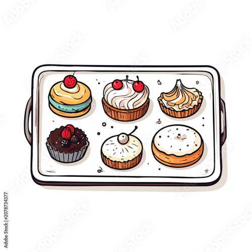 A hand drawn illustration of assorted sweet desserts on a serving tray.