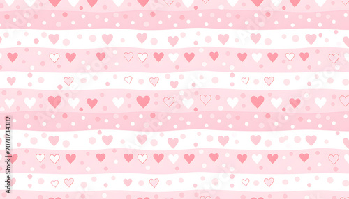 Pink and white seamless pattern with hearts, wavy stripes, and polka dots