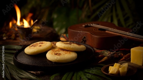 Arepas on cast-iron griddle beside cuatro guitar, tropical culinary and music scene.
