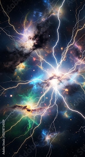 Dynamic Lightning Storm in Cosmic Night Sky.