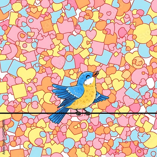Colorful Heart and Bubble Pattern with Bluebird Illustration.