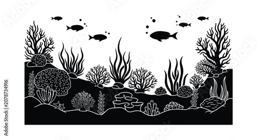 Canvastavla Underwater scene with coral fish and seaweed in black silhouette aquatic