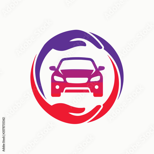 Car insurance logo with protective hands, automotive care symbol in purple and red gradient, vehicle safety and maintenance vector icon