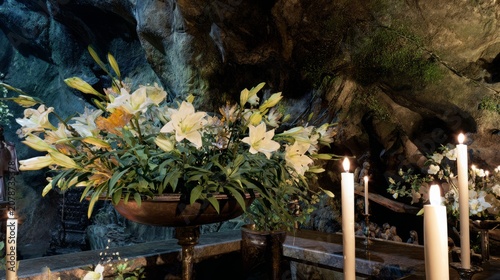 Cave shrine with lilies and candles, woman in silent devotion.
