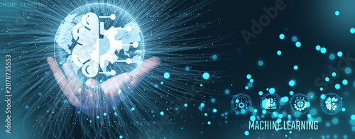 Futuristic machine learning concept featuring AI digital brain, intelligent automation, predictive analytics and advanced artificial intelligence technology above a human hand.