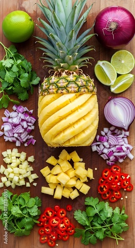 Colorful Fresh Fruit and Vegetable Arrangement with Pineapple and Citrus Slices.