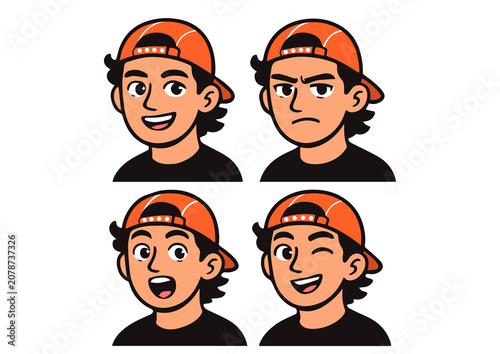 Set of Young Man Cartoon Avatars with Different Facial Expressions – Flat Vector Character Collection