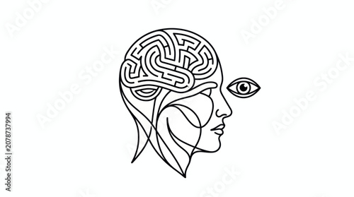 Bild auf Leinwand Profile of a human head with a maze brain and floating eye