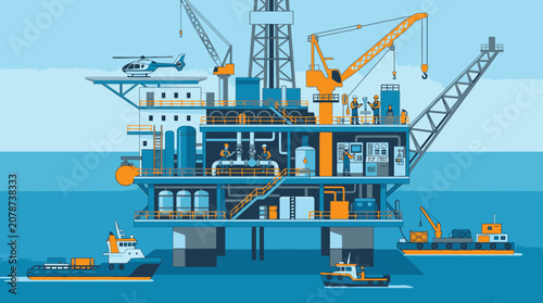 Offshore oil rig platform with ships and cranes in ocean
