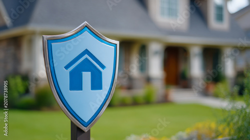 A blue shield sign with a house icon stands in front of a modern home. The house features a well-maintained lawn and a welcoming entrance.