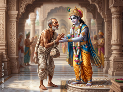 Lord Krishna Joyfully Welcoming His Childhood Friend Sudama at the Royal Palace of Dwarka Celebrating Eternal Friendship Compassion and Devotion
