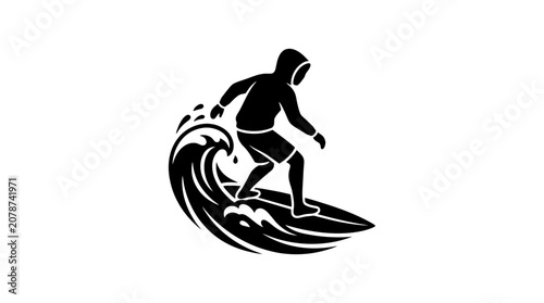 Surfer Silhouette Riding Wave, Action Sport Icon