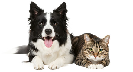 A black and white dog and a brown tabby cat lying down together isolated on transparent background