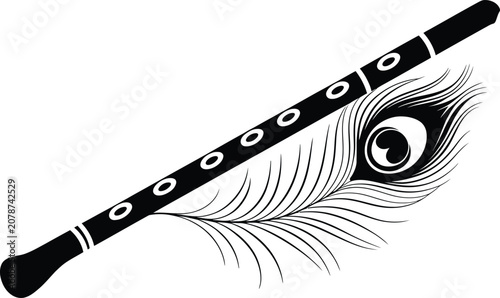 Indian traditional musical instrument flute with peacock feather  cultural symbol