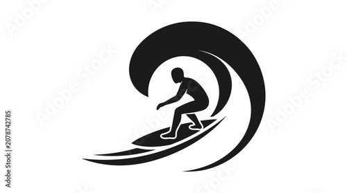 Surfer riding a wave, minimalist silhouette, black and white, vector graphic