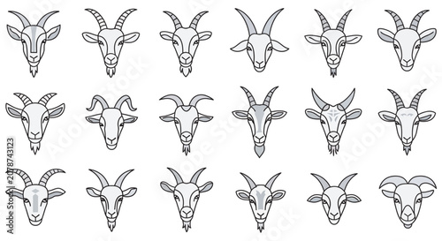 Fotografia Goat Head Line Art Collection On White Background goats caprine