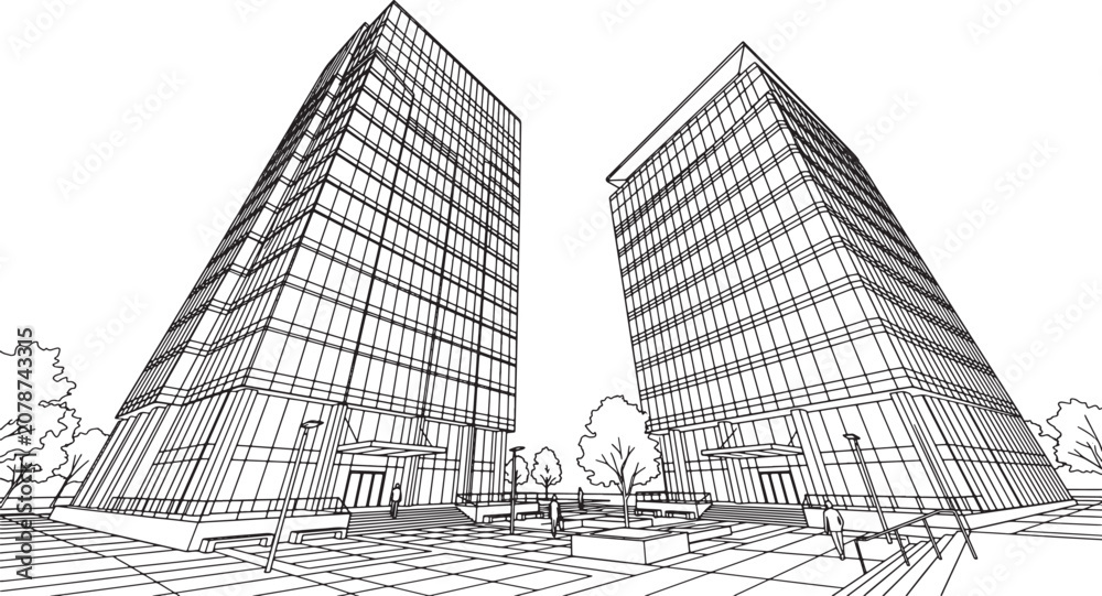 Fototapeta premium Modern office building complex architectural sketch with glass facade and urban plaza in black and white vector