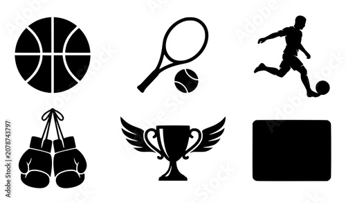 Obraz na plátně Sports and fitness icon set featuring basketball tennis racket soccer player box