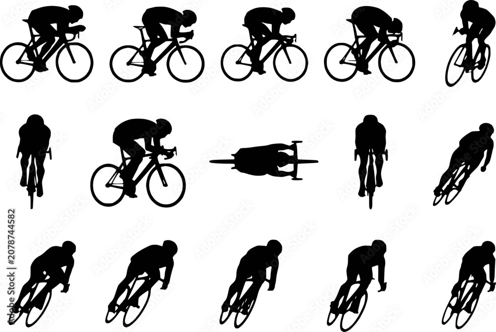 Obraz premium Road Cyclist Aerial Top View Time Trial Aero Racing Silhouettes Vector Set Isolated