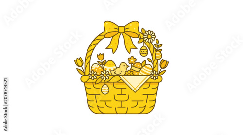 Yellow easter basket with decorated eggs chick and spring flowers