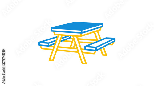 Picnic table with attached benches in blue and yellow line art