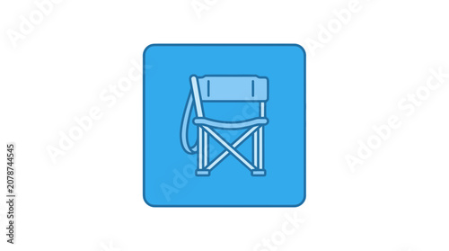 Minimalist folding camping chair icon in blue square