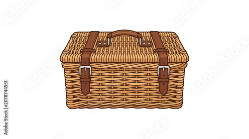 Wicker picnic basket with leather straps and buckles