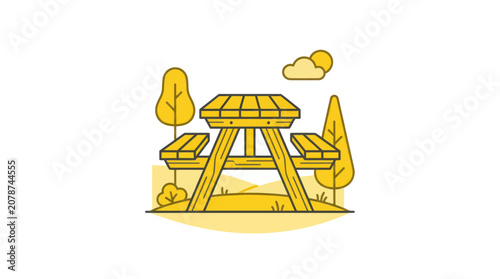 Wooden picnic table in a sunny outdoor park setting