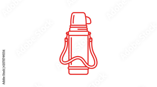 Red vacuum flask with carrying strap for outdoor travel