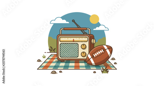 Vintage radio and football on a checkered picnic blanket