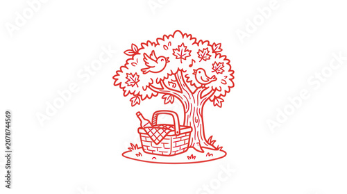 Picnic basket under a leafy tree with singing birds