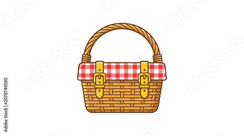Woven picnic hamper with red gingham lining and buckled straps