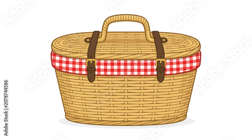 Classic wicker picnic hamper with red gingham cloth and leather straps