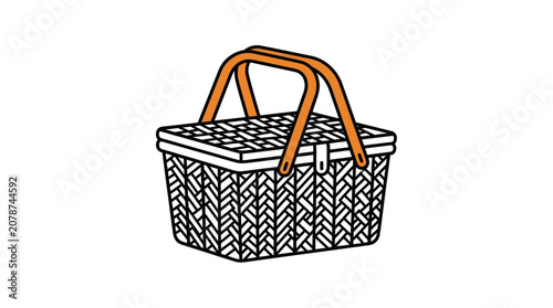 Woven wicker picnic basket with orange handles