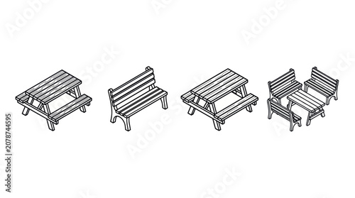 Foto Isometric park furniture set with picnic tables and wooden benches