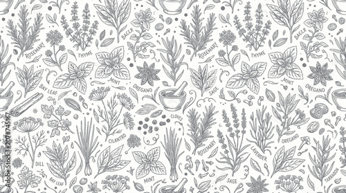 Bild auf Leinwand Culinary herbs and aromatic spices hand drawn seamless pattern