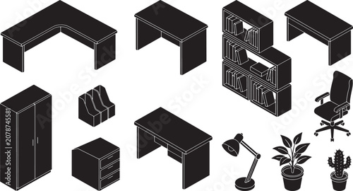 Isometric office furniture set with desks chairs shelves and decor elements in black and white vector style