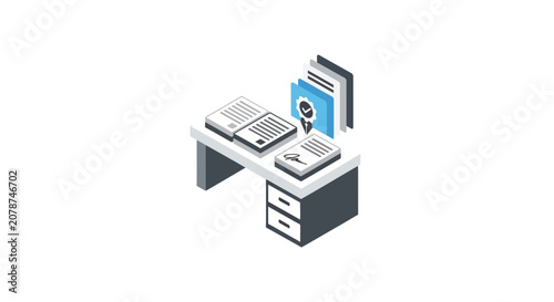 An isometric illustration of a desk with signed legal documents and a seal of approval