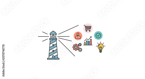 Obraz na plátne A lighthouse illustration guiding various business and commerce icons on white b