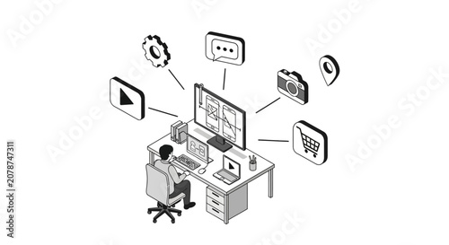 A professional designer works at a desk with various digital interface icons floating above
