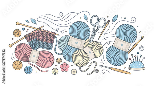 Tableau sur toile Knitting and crochet supplies with yarn skeins and crafting tools