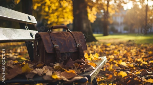 A leather shoulder bag resting on a bench in a city park during autumn. Fallen leaves surround the bag while golden light filters through the trees. 
