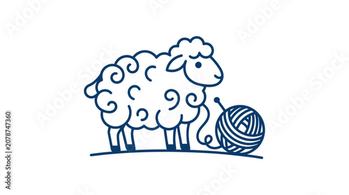 Bild auf Leinwand Sheep standing next to a ball of wool yarn for knitting