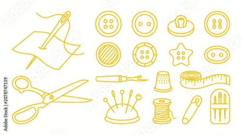 Obraz na płótnie Yellow sewing kit icons with scissors buttons needles and thread